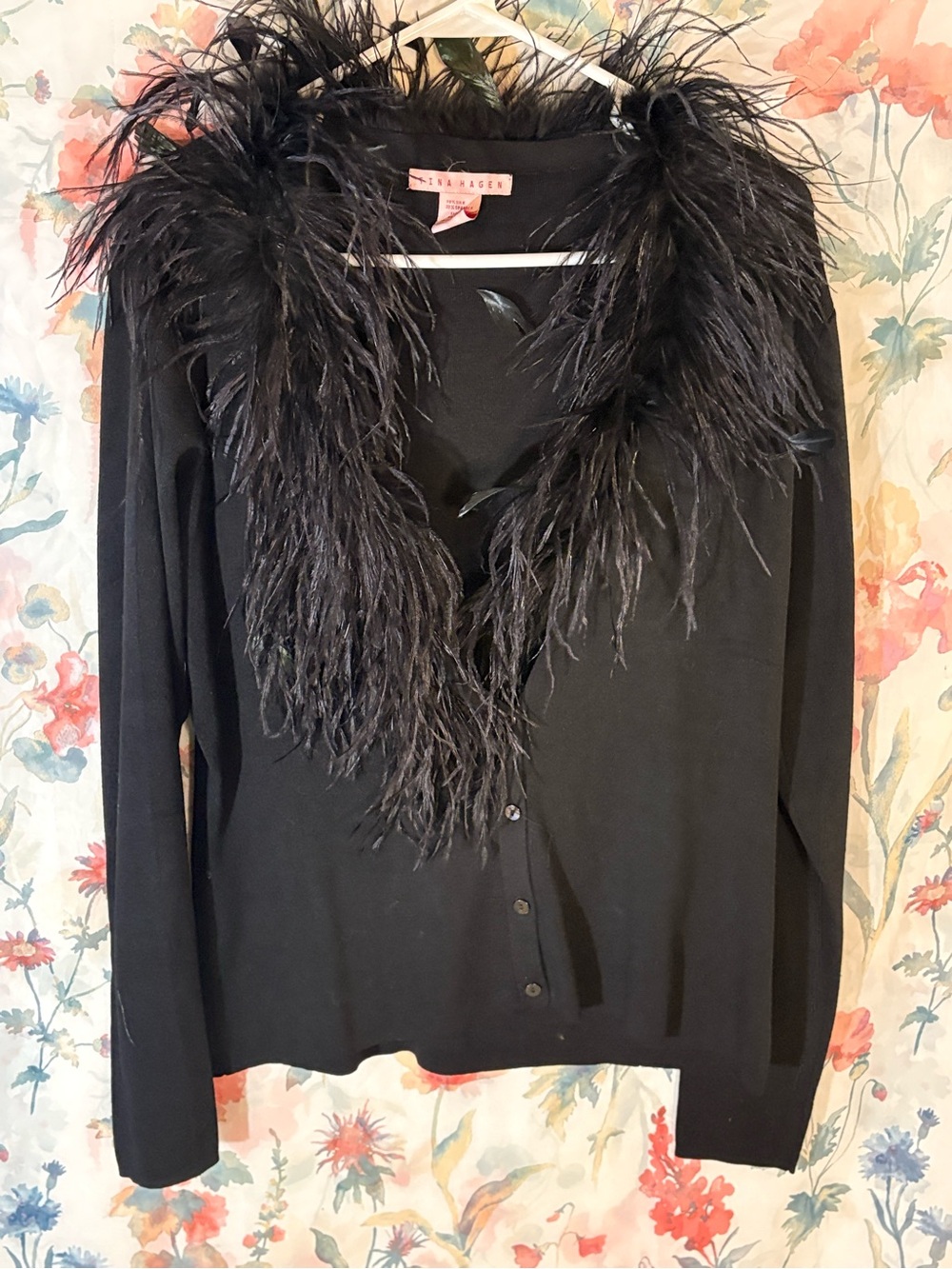 Vintage Tina Hagen Black Feather-Trim Cardigan